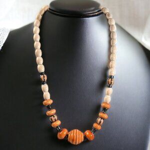 Vintage Handmade Wooden Beaded Necklace Beige & Brown With Black Accents